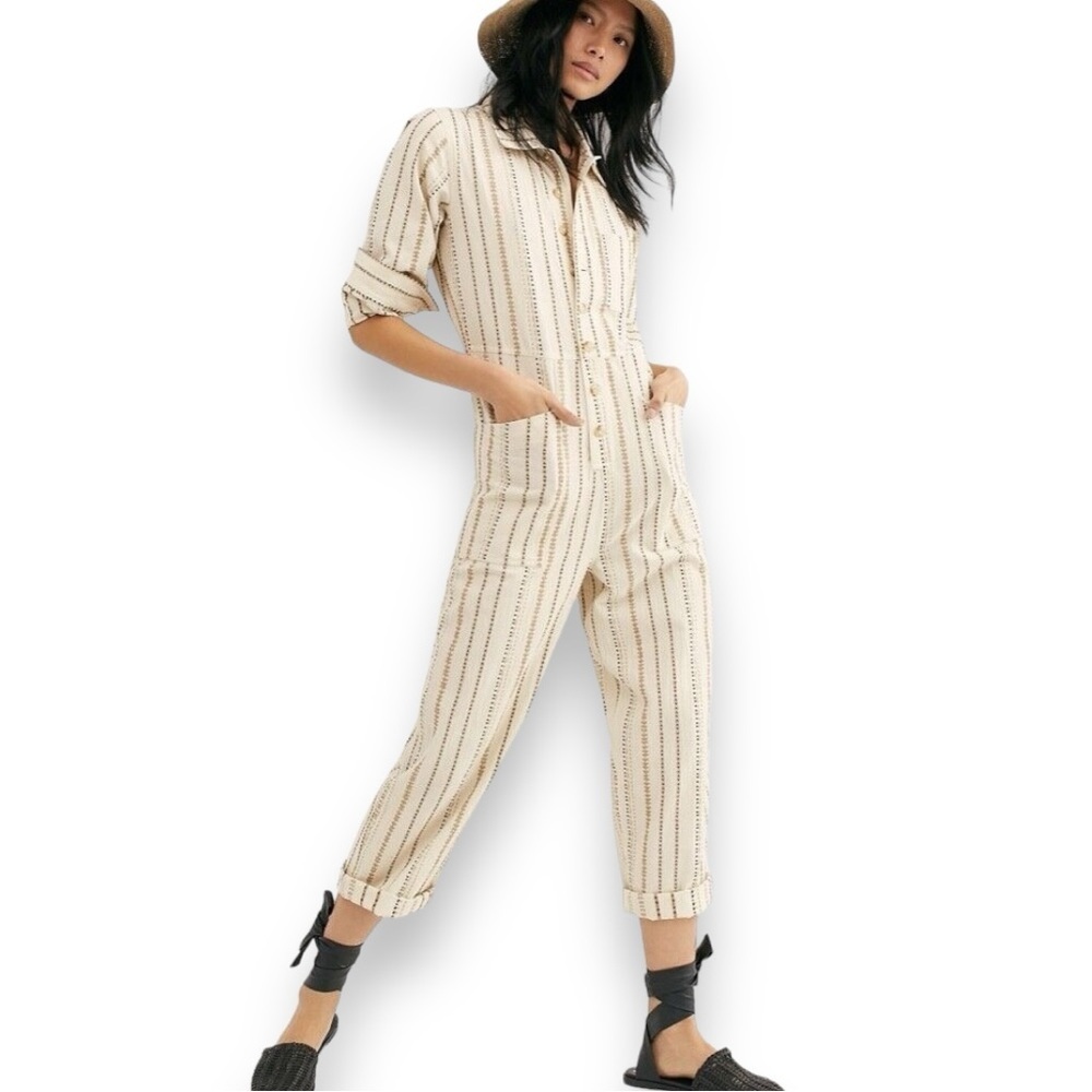 Free People Gia Jumpsuit in Neutral Ivory Tan  Stripe Long Sleeve Button Front